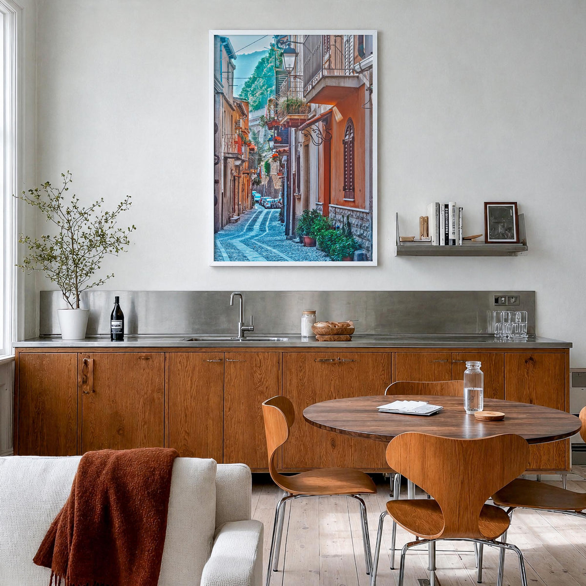 Calabria no. 2 colorful photo poster of Italy – vertical wall art in white wood frame, hanging on wall