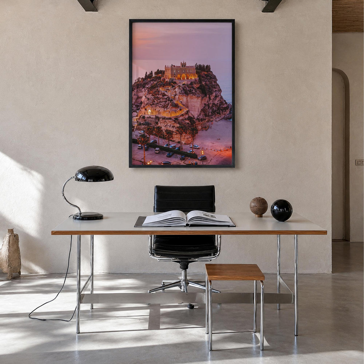 Calabria no. 3 colorful photo poster of Italy – vertical wall art in black wood frame, hanging on wall