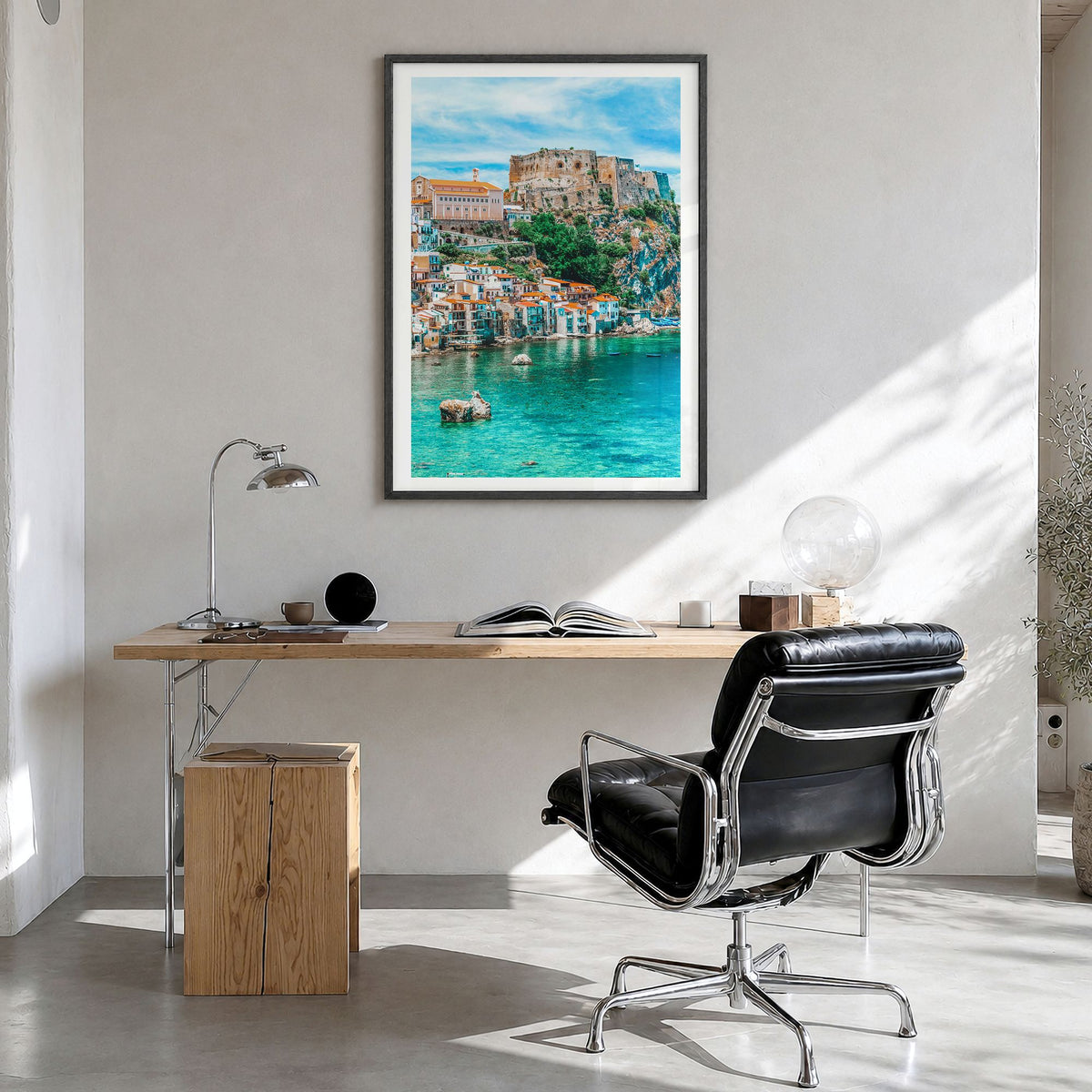Calabria Photo No 1 Poster in a black wood frame, hanging in a bright home office, white border