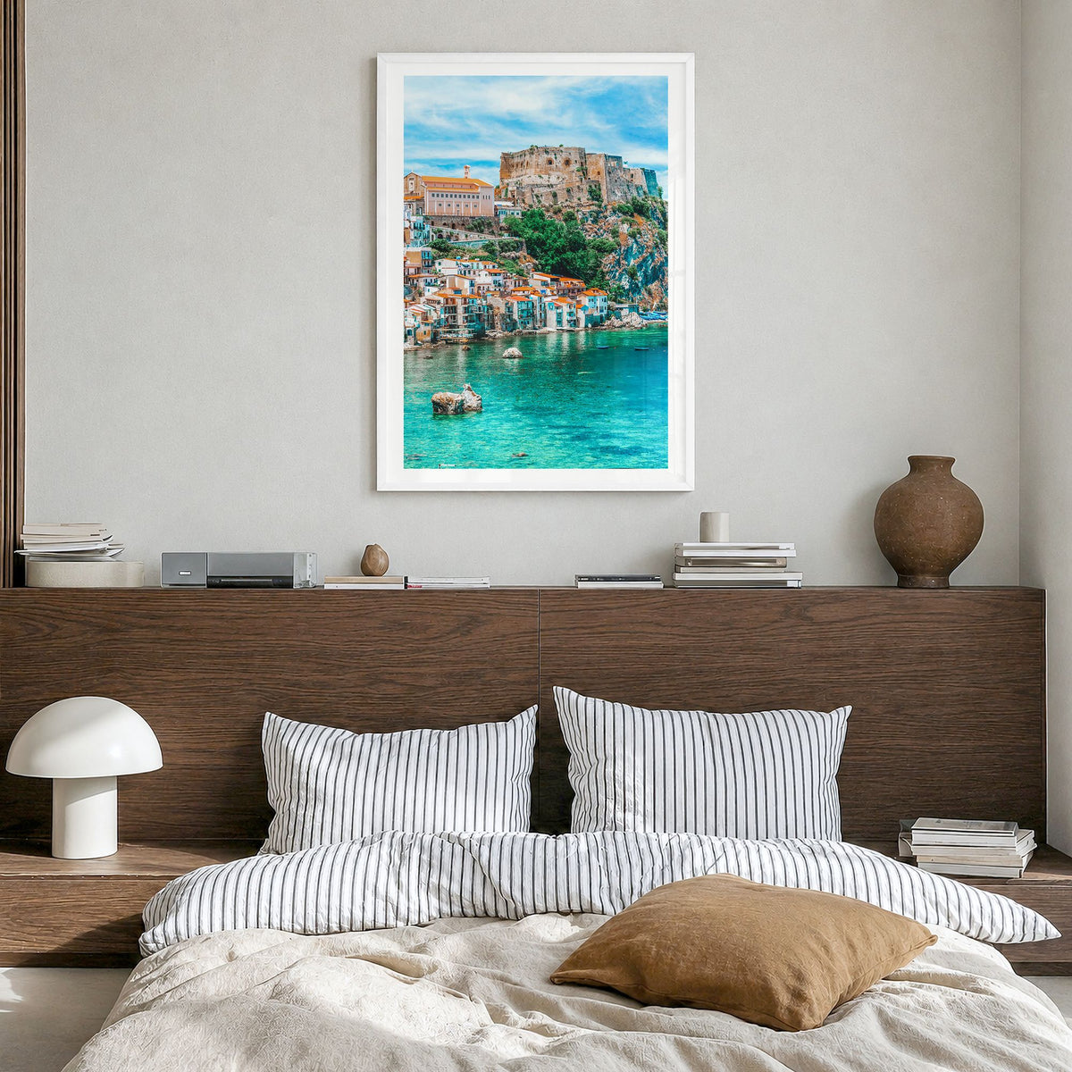Calabria Photo No 1 Poster in a white wood frame, hanging in a bedroom, white border