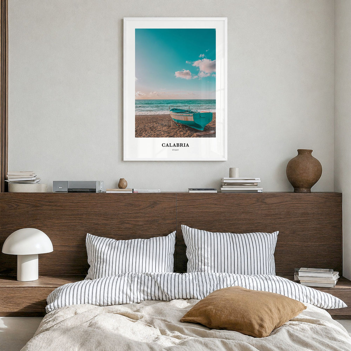 Calabria Classic No 1 Poster in a white wood frame, hanging in a bedroom