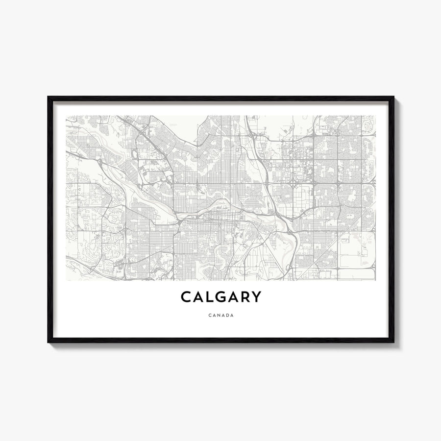 Calgary black & white map poster of Alberta, Canada – horizontal wall art, unframed print shown in interior mockup