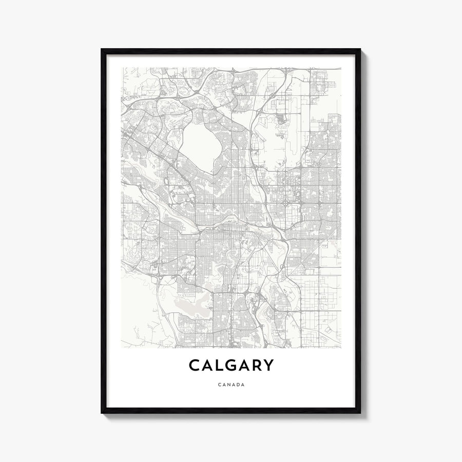 Calgary black & white map poster of Alberta, Canada – vertical wall art, unframed print shown in interior mockup