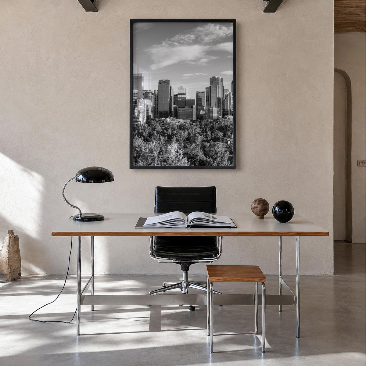 Calgary black & white photo poster of Alberta, Canada – vertical wall art in black wood frame, hanging on wall