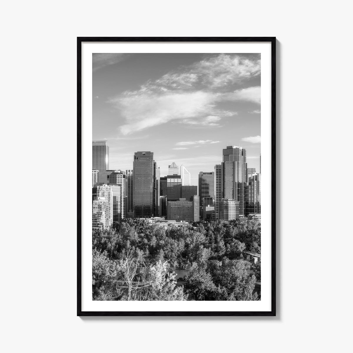 Calgary black & white photo poster of Alberta, Canada – vertical wall art, unframed print shown in interior mockup