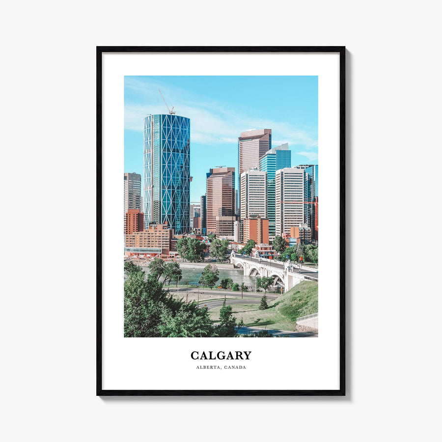 Calgary colorful classic poster of Alberta, Canada – vertical wall art, unframed print shown in interior mockup