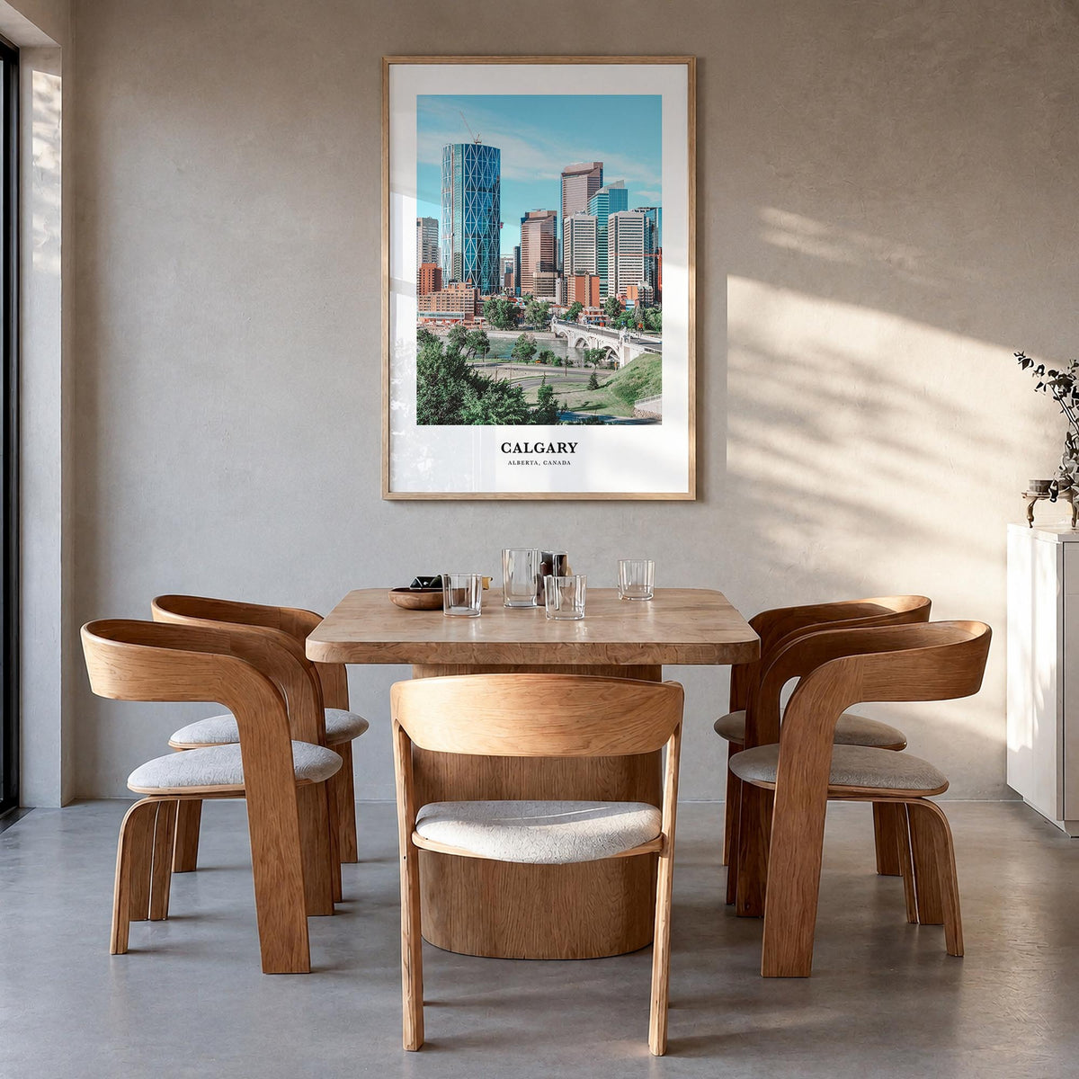 Calgary colorful classic poster of Alberta, Canada – vertical wall art in natural wood frame, hanging on wall