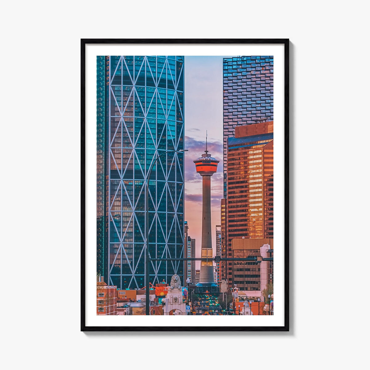Calgary colorful photo poster of Alberta, Canada – vertical wall art, unframed print shown in interior mockup