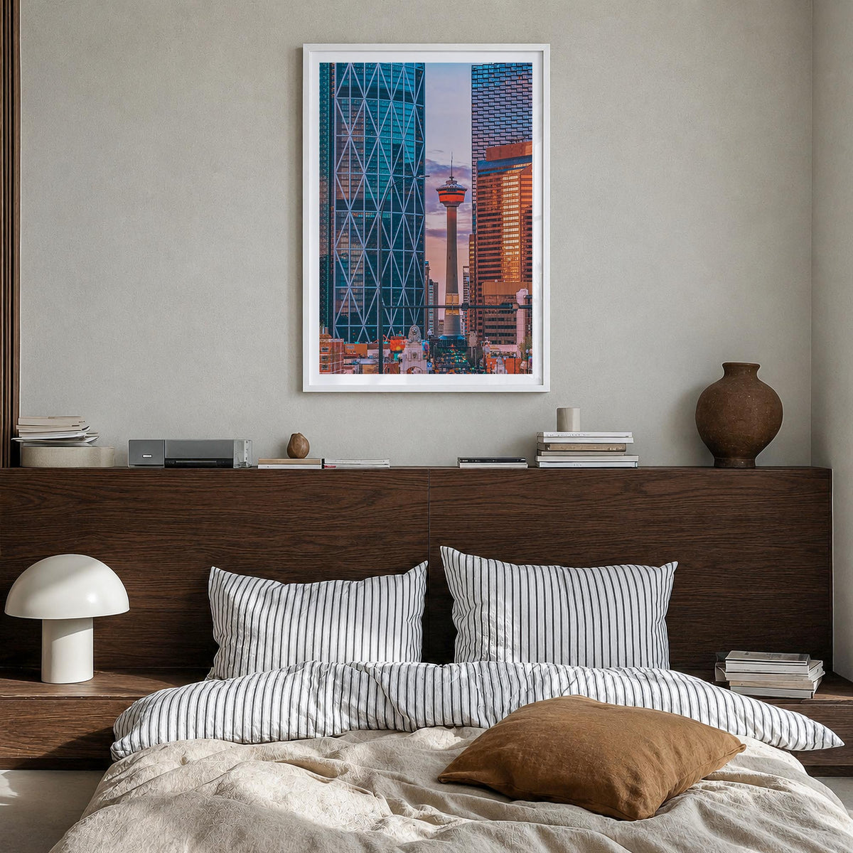 Calgary colorful photo poster of Alberta, Canada – vertical wall art in white wood frame with white border, hanging on wall