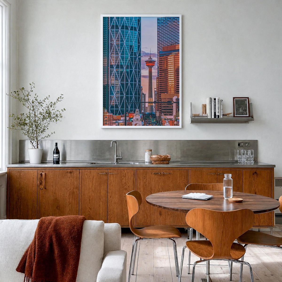 Calgary colorful photo poster of Alberta, Canada – vertical wall art in white wood frame, hanging on wall