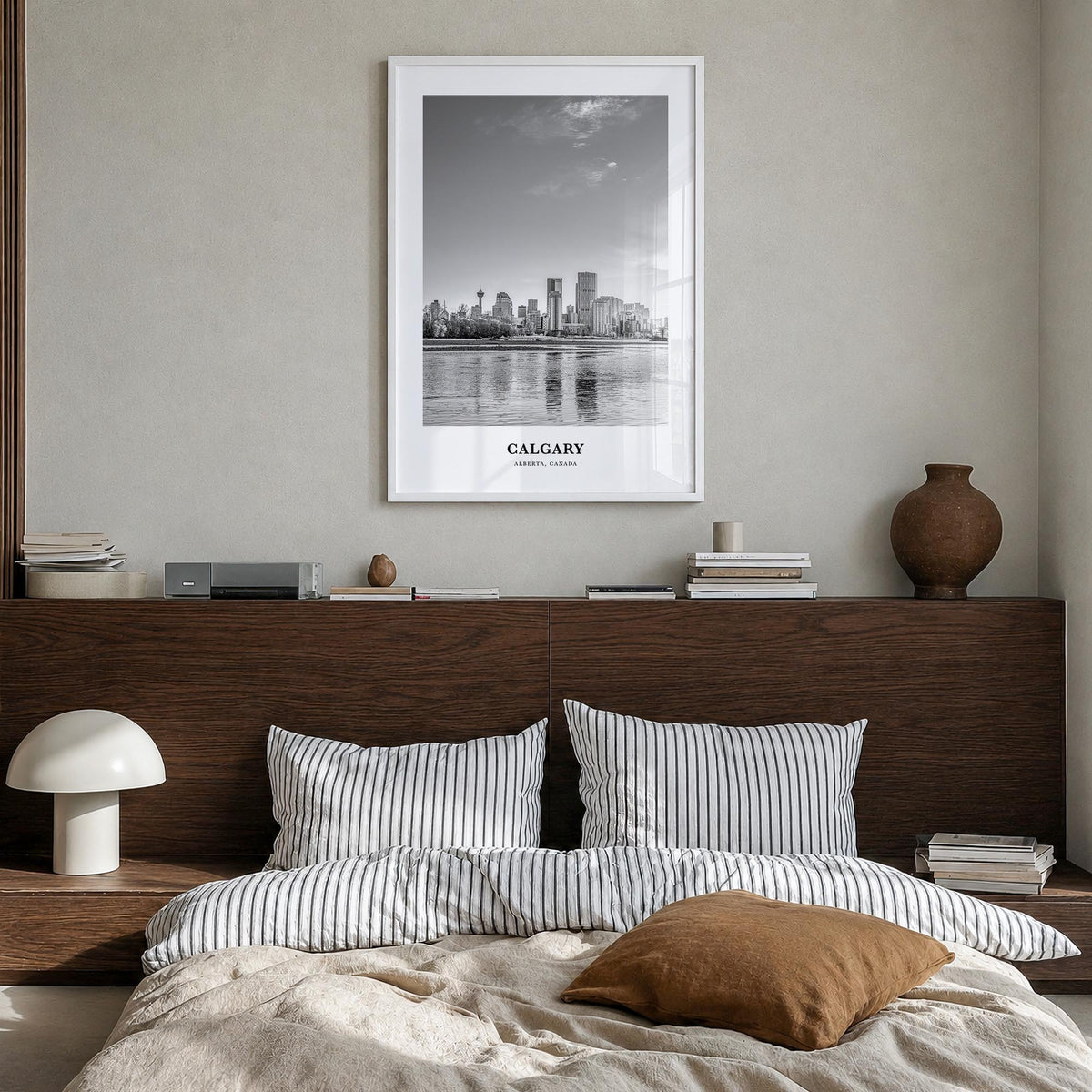 Calgary no. 2 black & white classic poster of Alberta, Canada – vertical wall art in white wood frame, hanging on wall