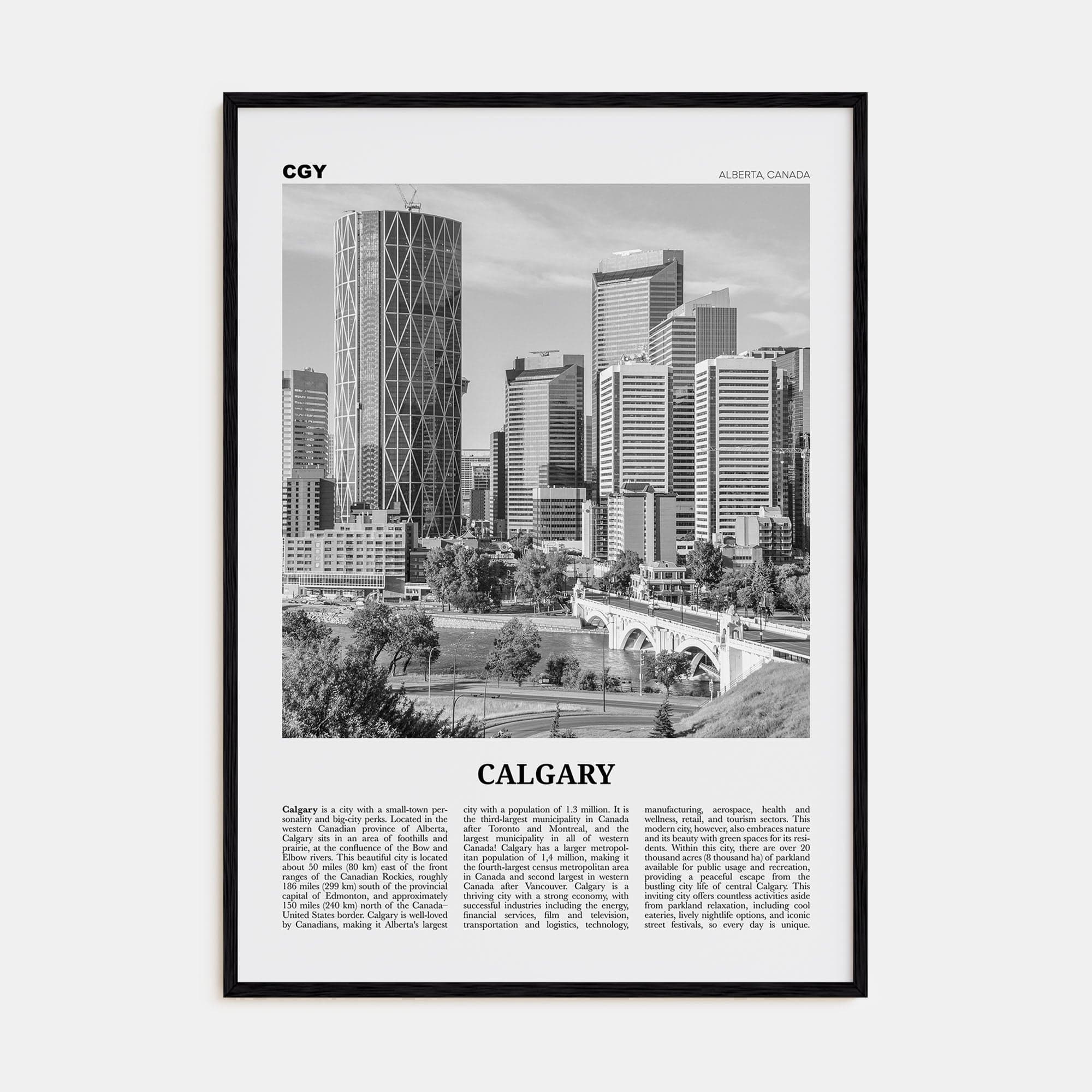 Calgary No 2 Poster Black Wood / 8x12 in Nbourhood Travel B&W Poster