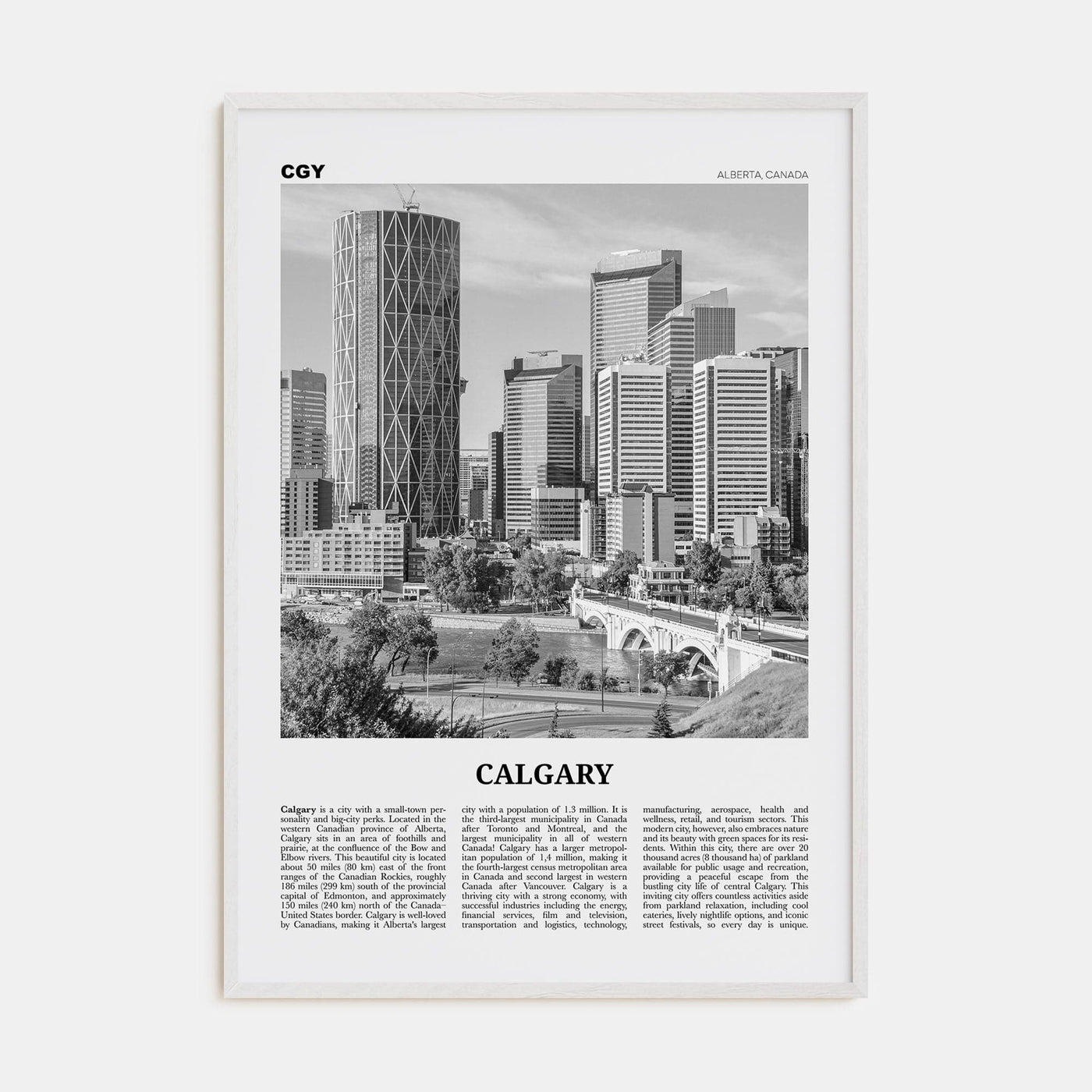 Calgary No 2 Poster White Wood / 8x12 in Nbourhood Travel B&W Poster