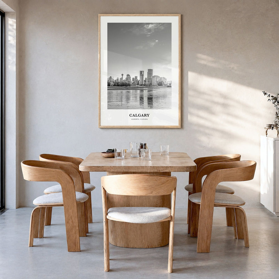Calgary Classic No 2 Poster in a natural wood frame, hanging in a dining room