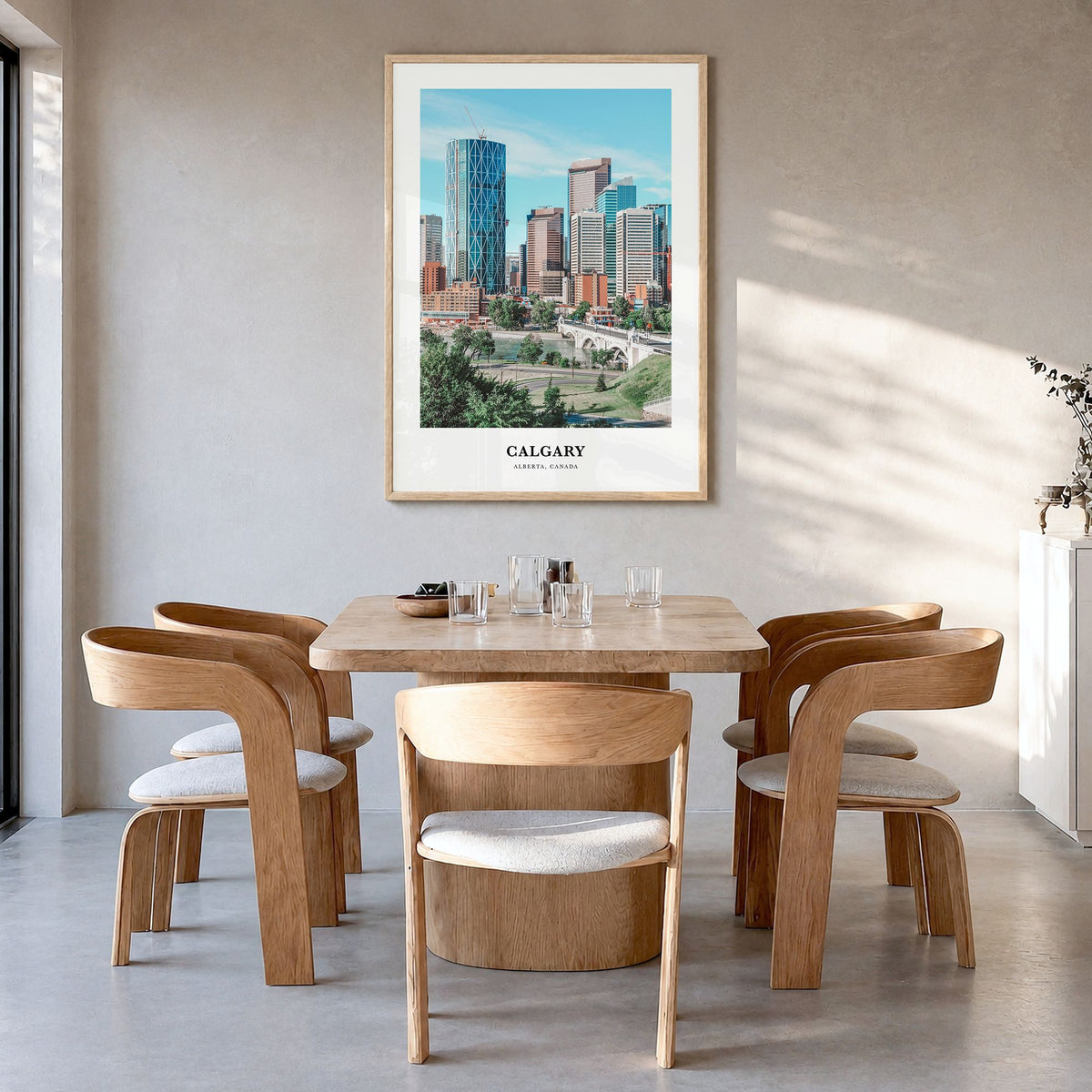 Calgary Classic Poster in a natural wood frame, hanging in a dining room