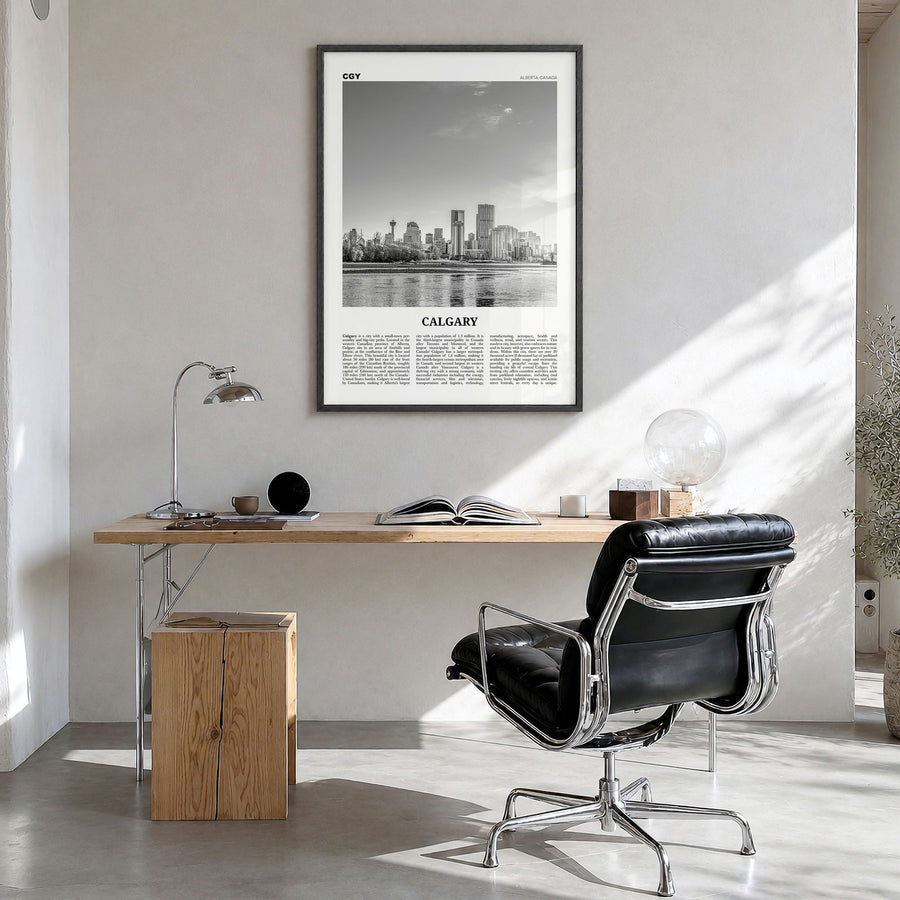 Calgary Newspaper No 1 Poster in a black wood frame, hanging in a bright home office