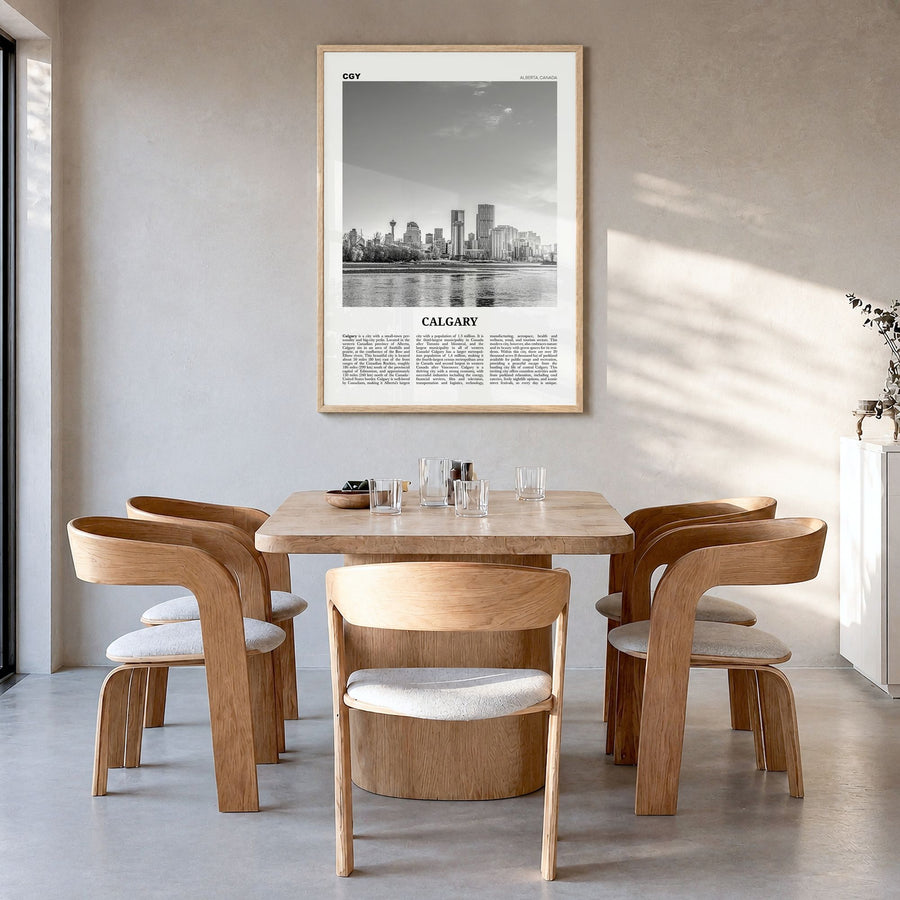 Calgary Newspaper No 1 Poster in a natural wood frame, hanging in a dining room