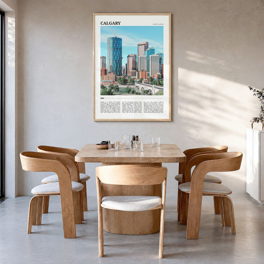 Calgary Travel Poster in a natural wood frame, hanging in a dining room