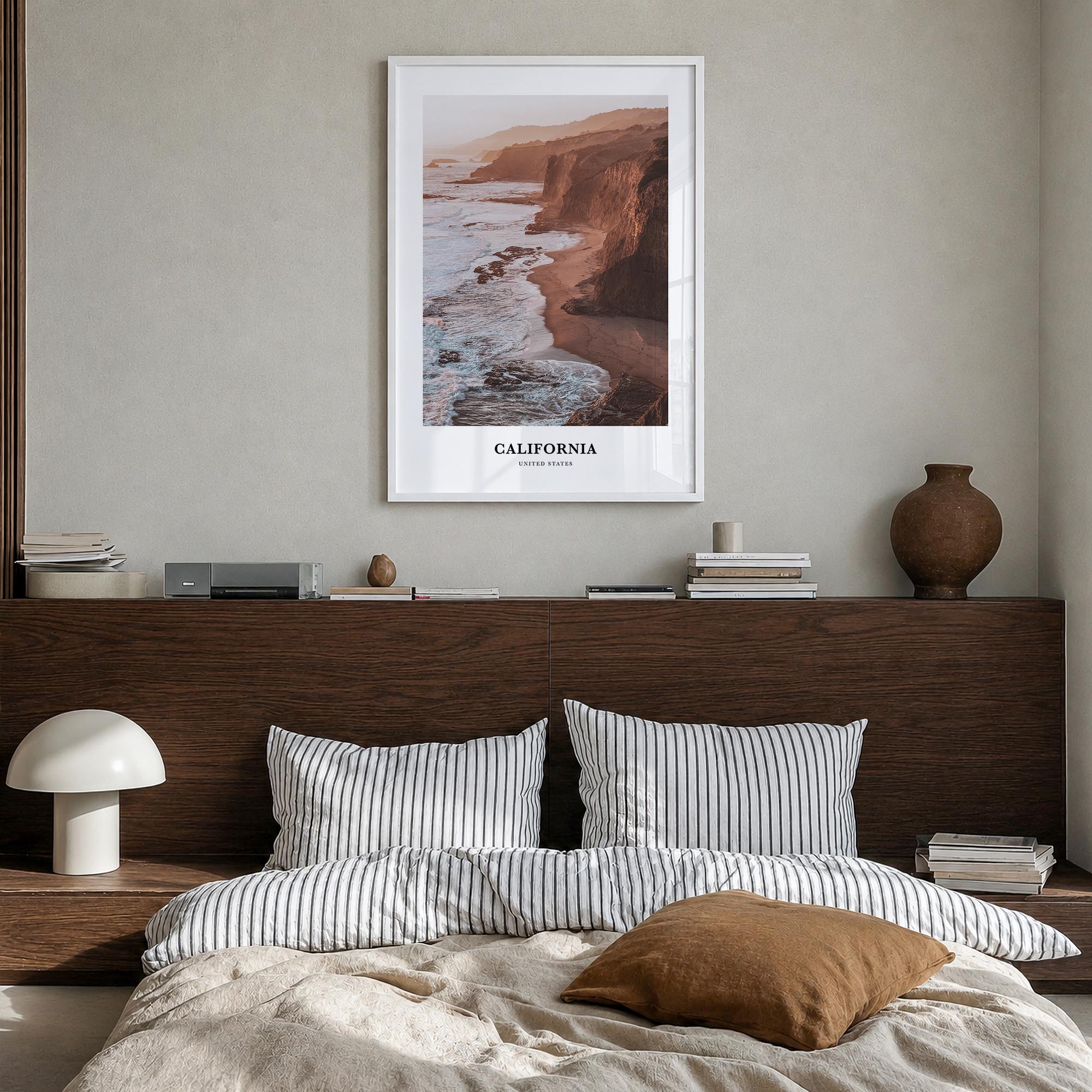 California colorful classic poster of United States – vertical wall art in white wood frame, hanging on wall