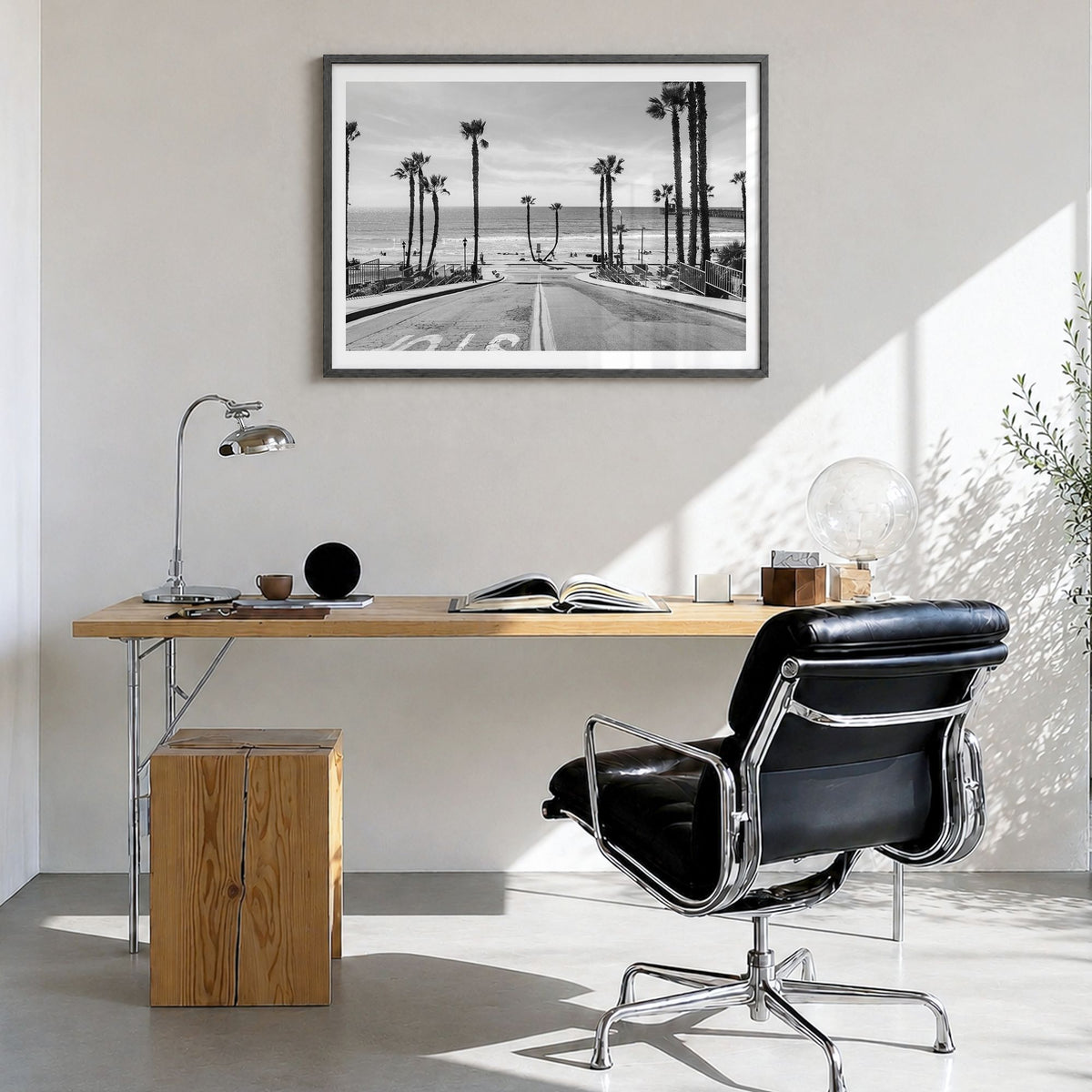 California Photo No 1 Poster in a black wood frame, hanging in a bright home office, white border