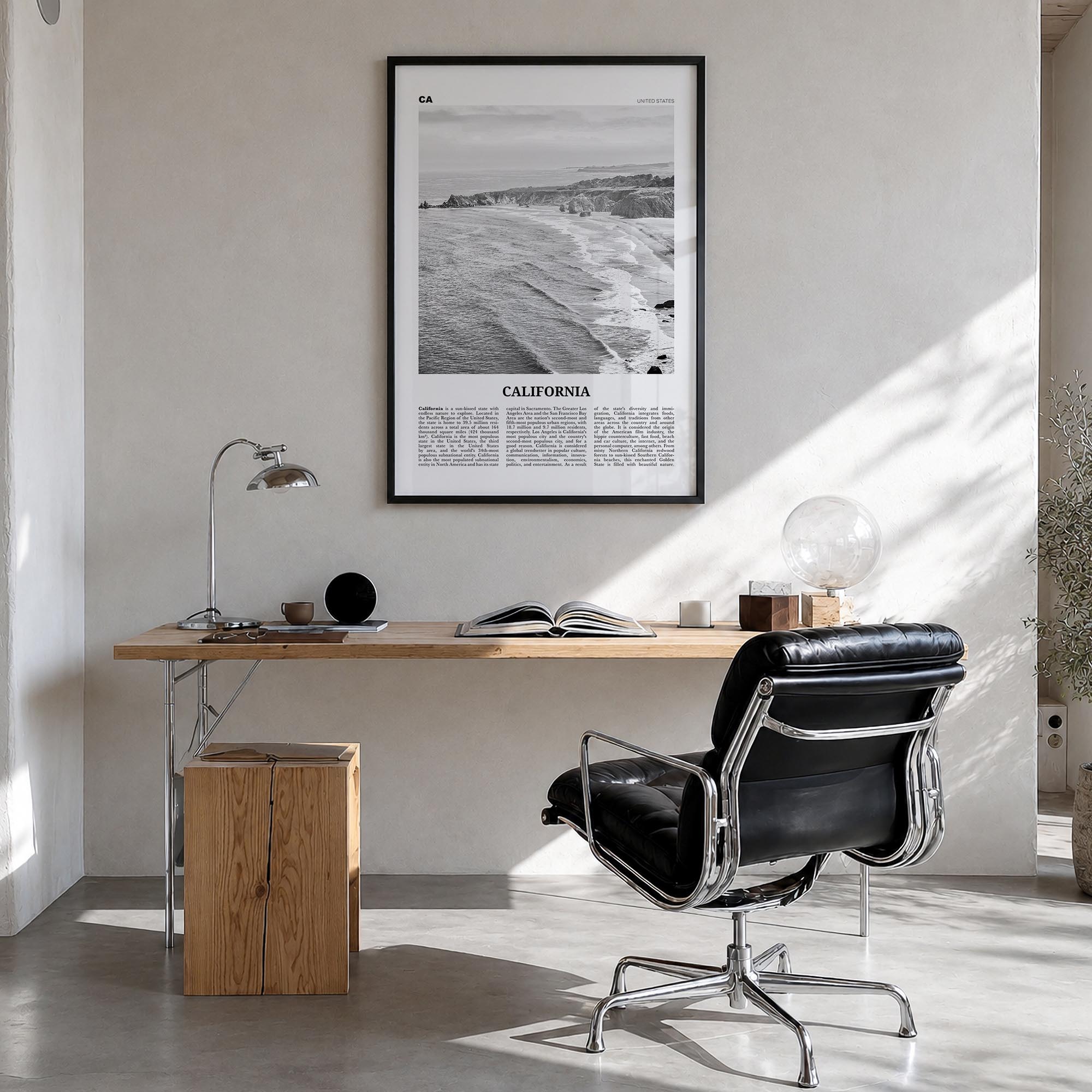 California no. 1 black & white newspaper poster of United States – vertical wall art in black wood frame, hanging on wall