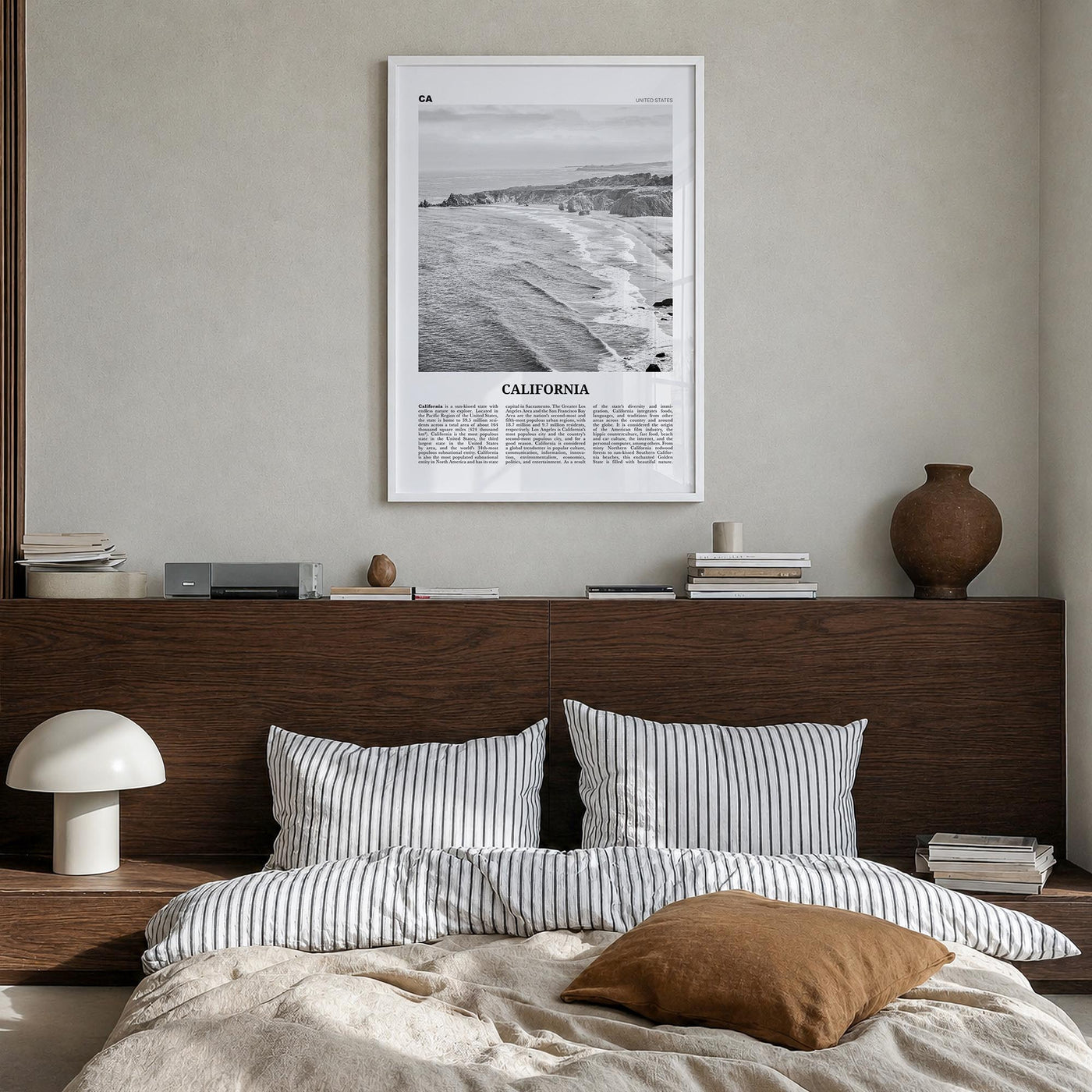 California no. 1 black & white newspaper poster of United States – vertical wall art in white wood frame, hanging on wall