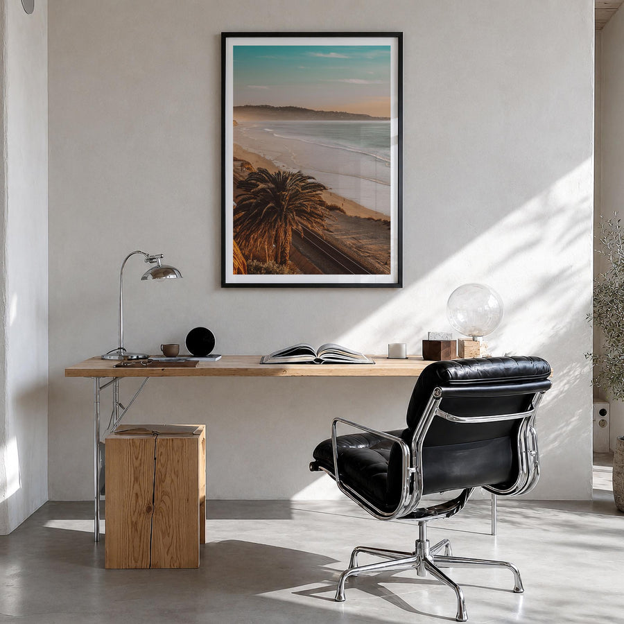 California no. 1 colorful photo poster of United States – vertical wall art in black wood frame with white border, hanging on