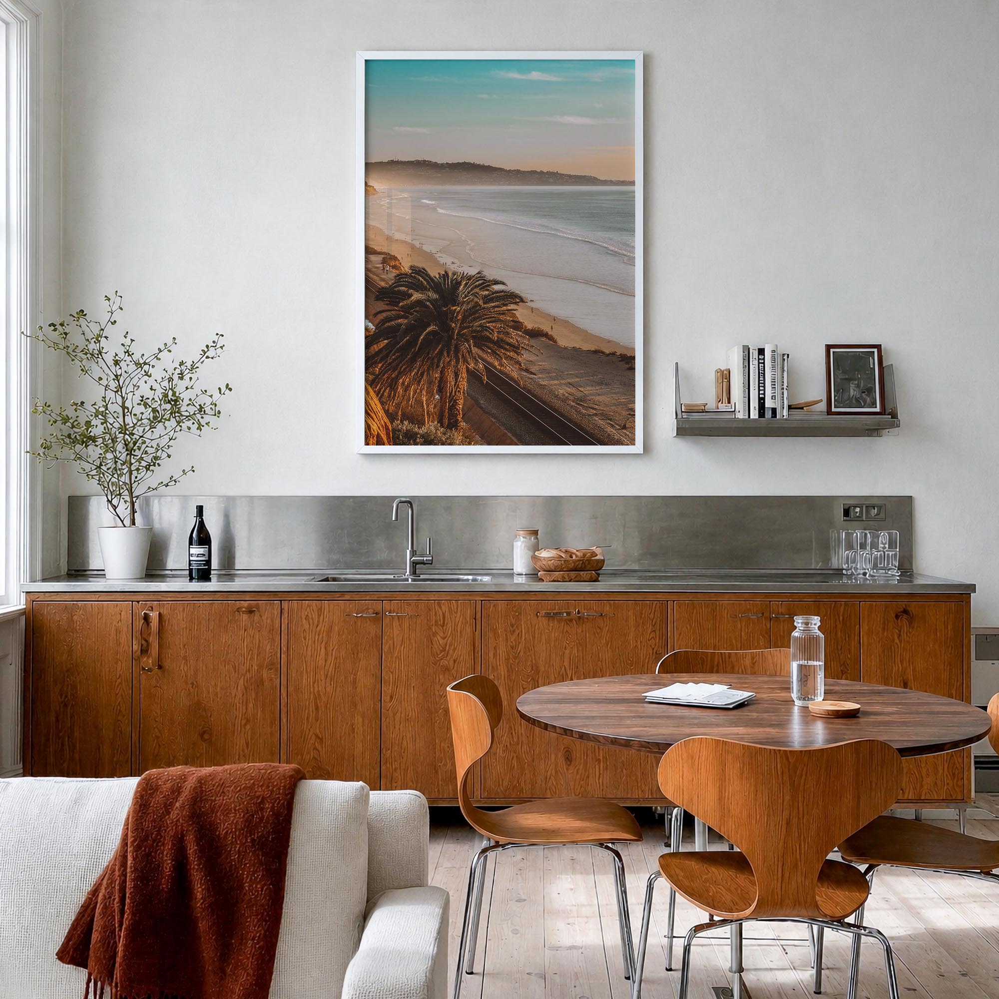 California no. 1 colorful photo poster of United States – vertical wall art in white wood frame, hanging on wall