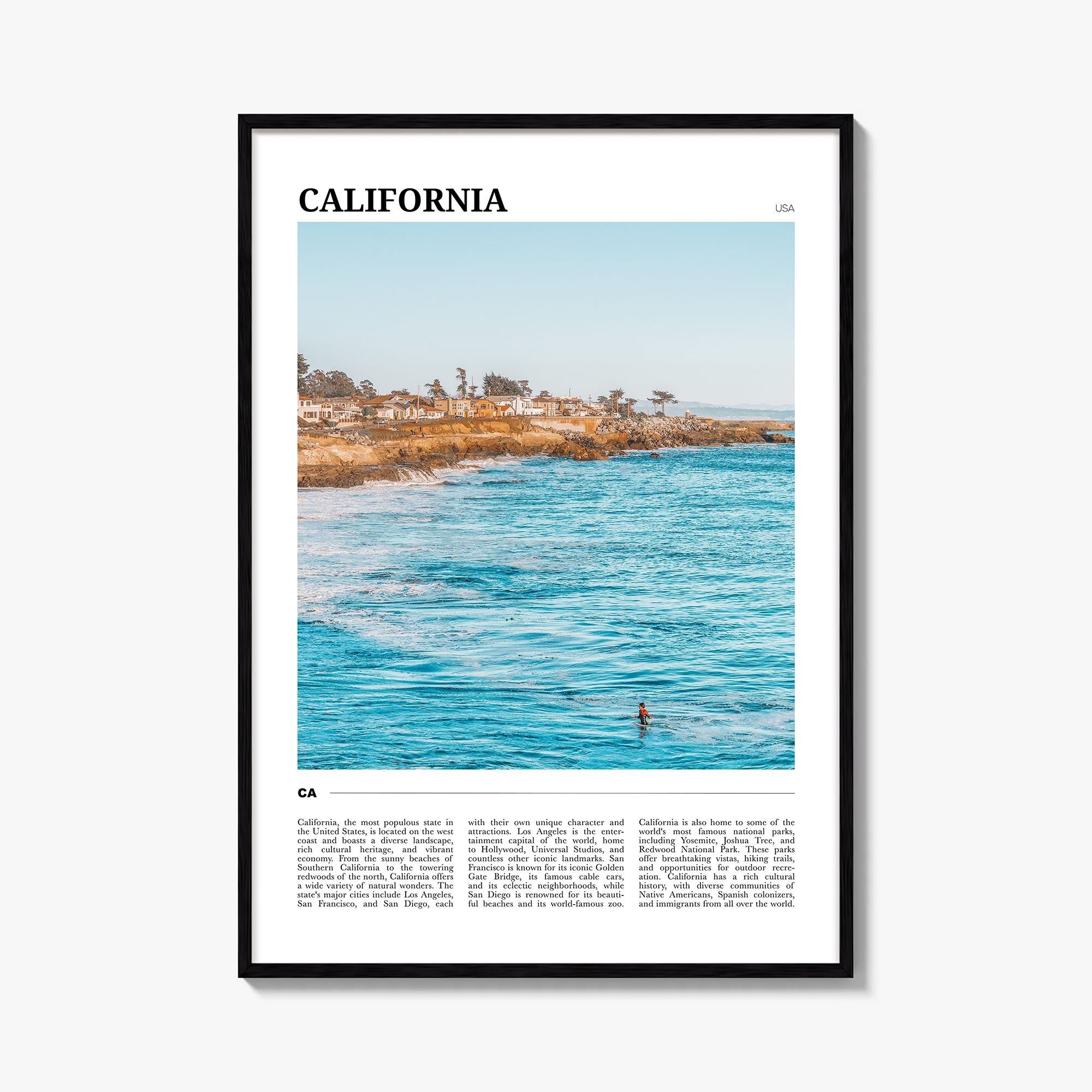 California no. 1 colorful travel poster of United States – vertical wall art, unframed print shown in interior mockup
