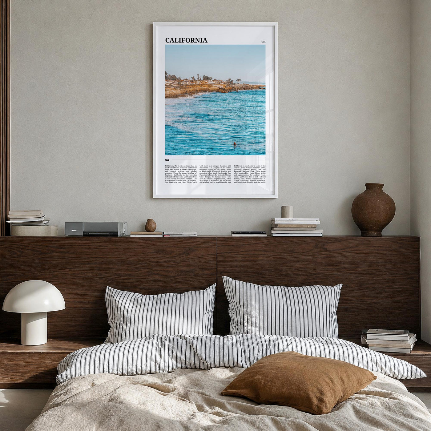 California no. 1 colorful travel poster of United States – vertical wall art in white wood frame, hanging on wall