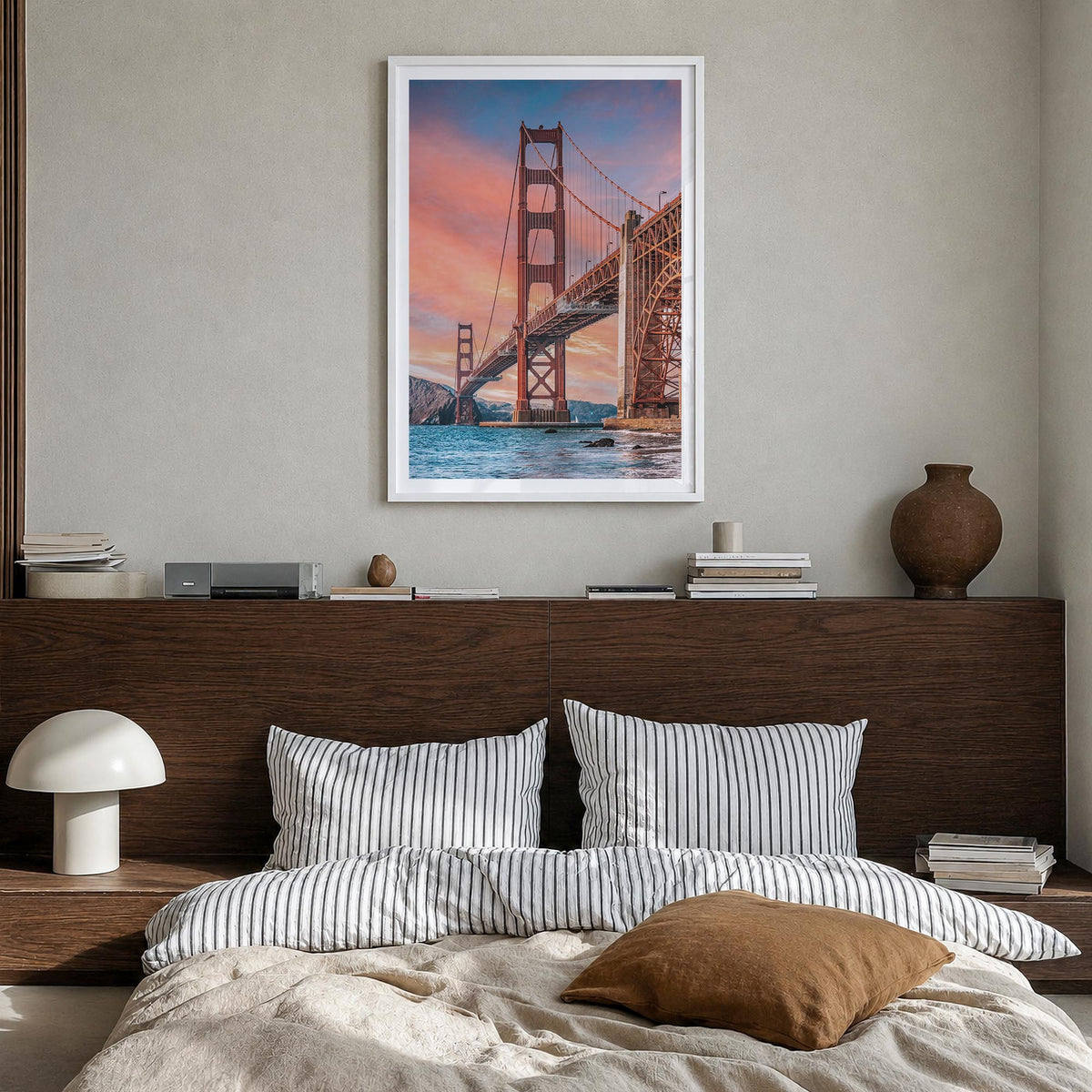 California no. 2 colorful photo poster of United States – vertical wall art in white wood frame with white border, hanging on