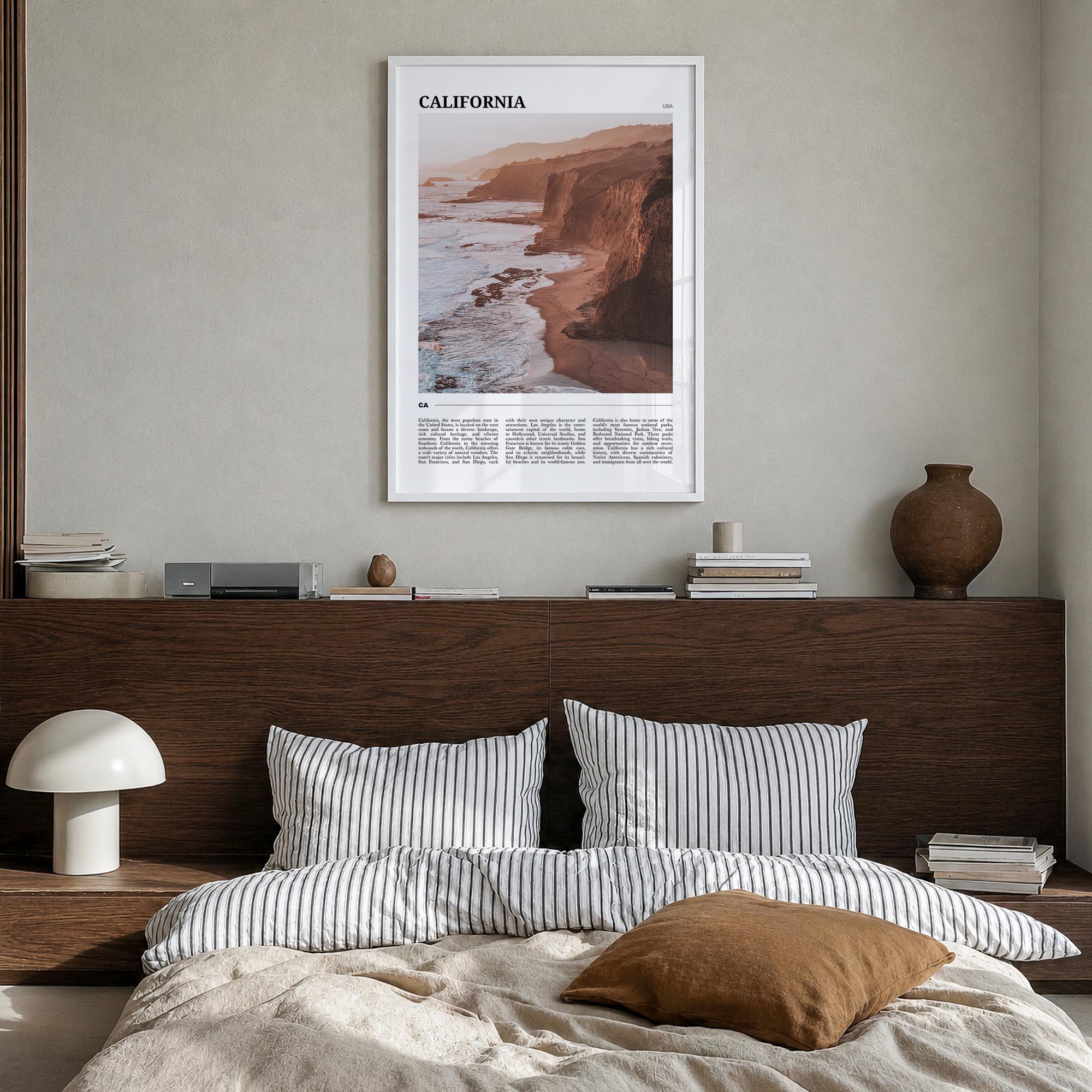 California no. 2 colorful travel poster of United States – vertical wall art in white wood frame, hanging on wall