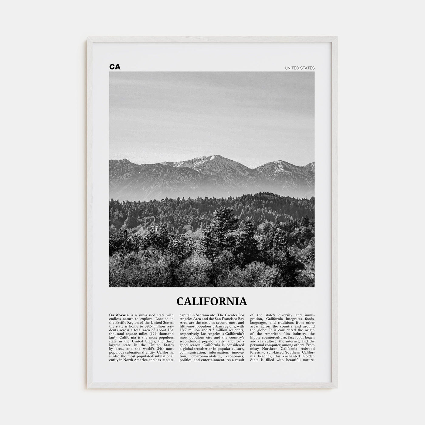 California No 4 Poster White Wood / 8x12 in Nbourhood Travel B&W Poster