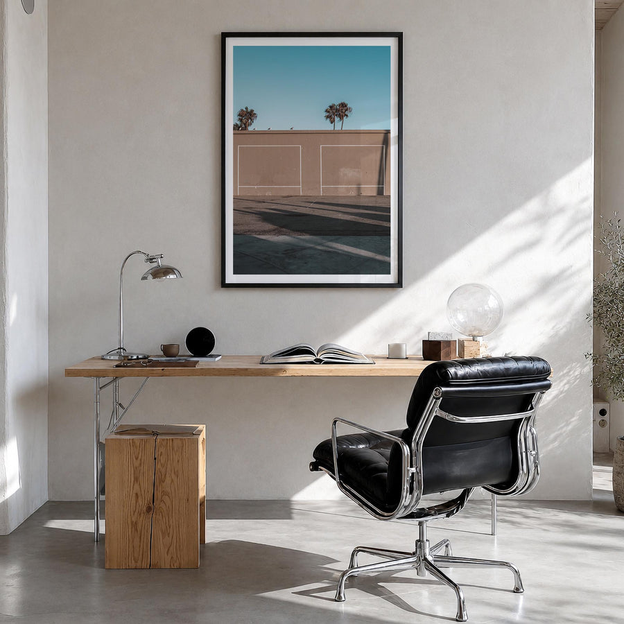 California no. 5 colorful photo poster of USA – vertical wall art in black wood frame with white border, hanging on wall