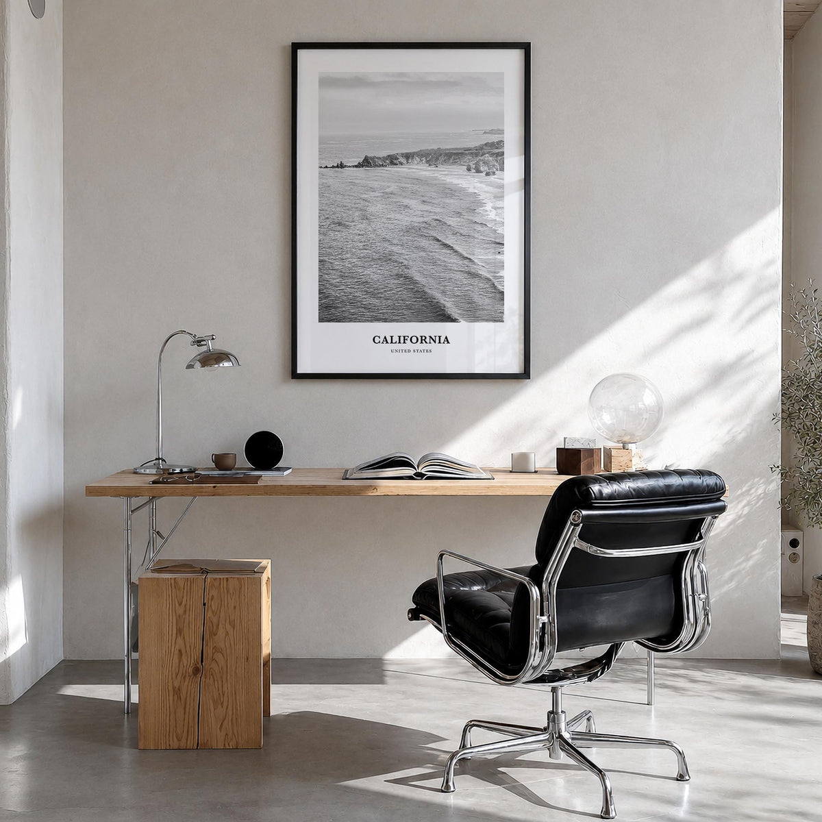 California no. 6 black & white classic poster of United States – vertical wall art in black wood frame, hanging on wall