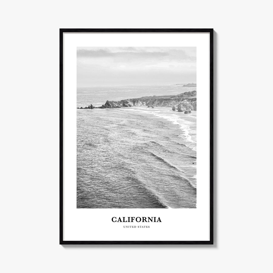 California no. 6 black & white classic poster of United States – vertical wall art, unframed print shown in interior mockup