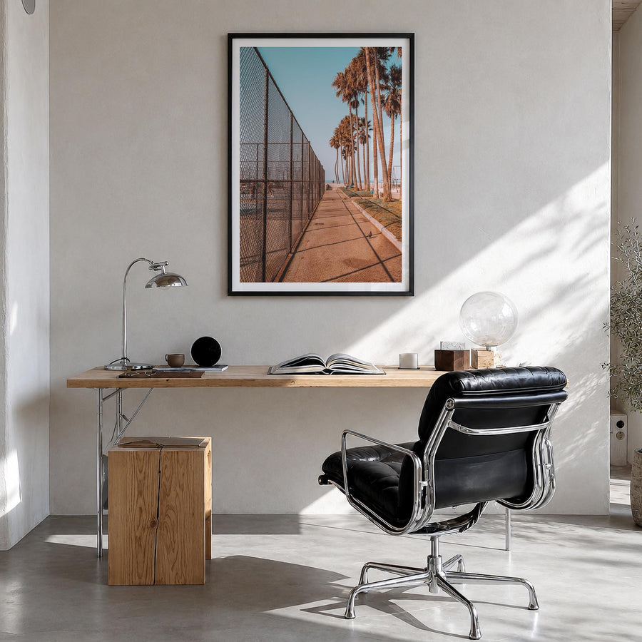 California no. 6 colorful photo poster of USA – vertical wall art in black wood frame with white border, hanging on wall