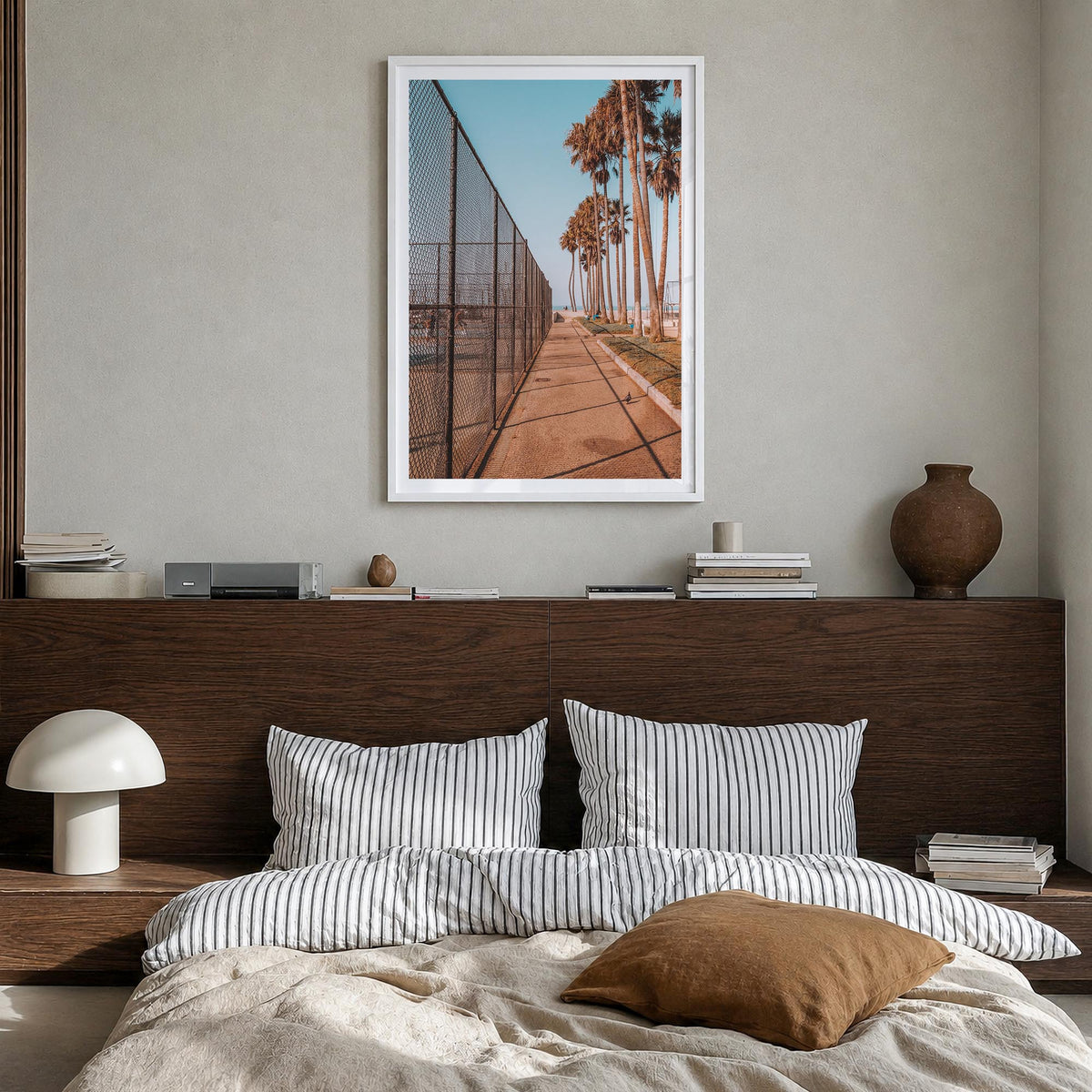 California no. 6 colorful photo poster of USA – vertical wall art in white wood frame with white border, hanging on wall