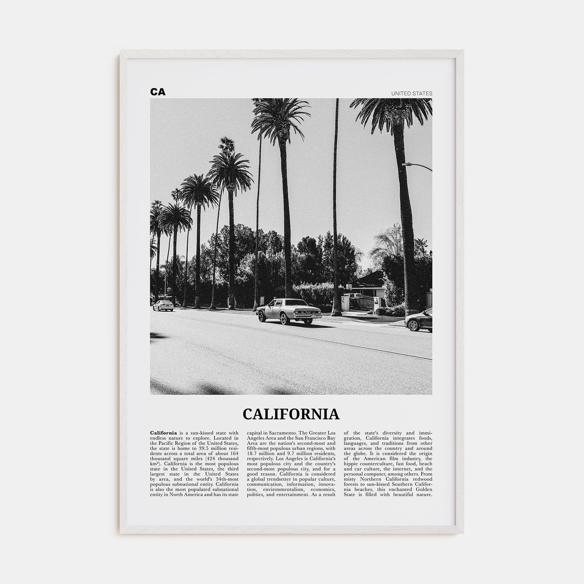 California No 6 Poster White Wood / 8x12 in Nbourhood Travel B&W Poster