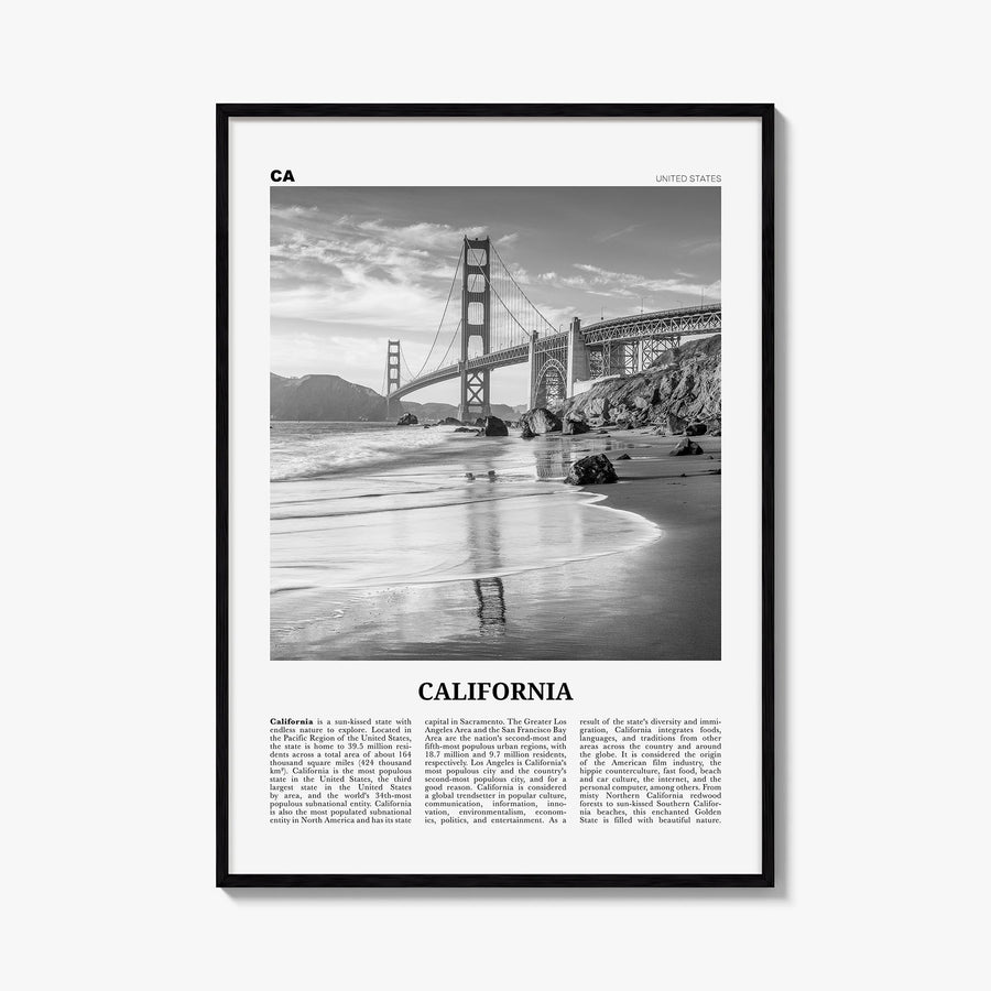 California no. 7 black & white newspaper poster of United States – vertical wall art, unframed print shown in interior mockup