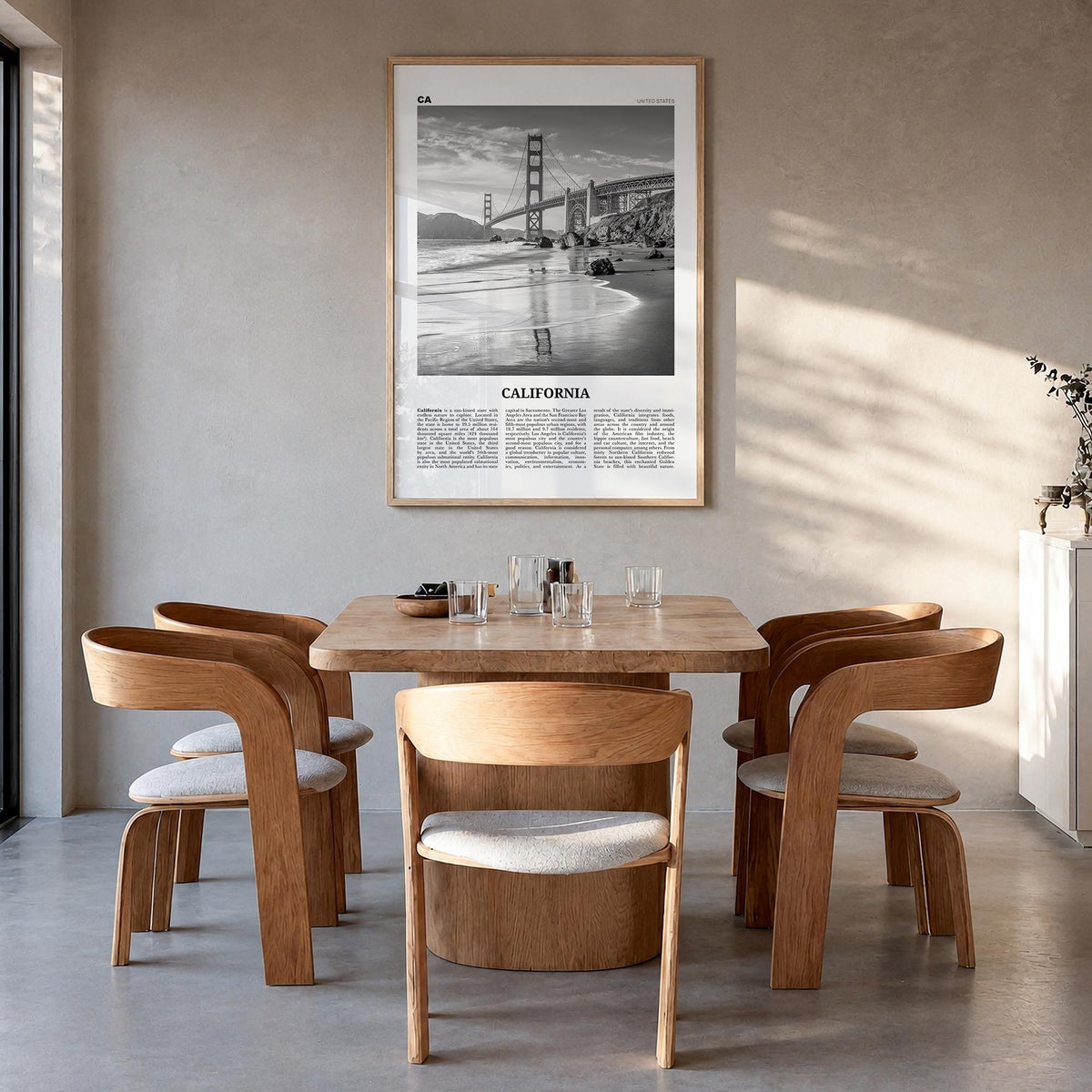 California no. 7 black & white newspaper poster of United States – vertical wall art in natural wood frame, hanging on wall