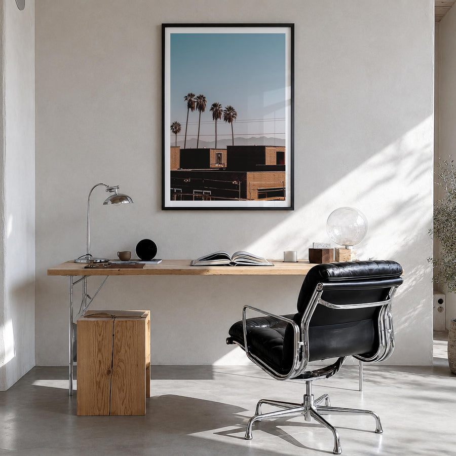 California no. 7 colorful photo poster of USA – vertical wall art in black wood frame with white border, hanging on wall