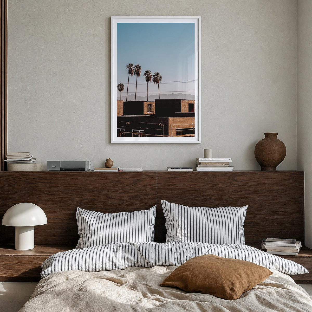 California no. 7 colorful photo poster of USA – vertical wall art in white wood frame with white border, hanging on wall