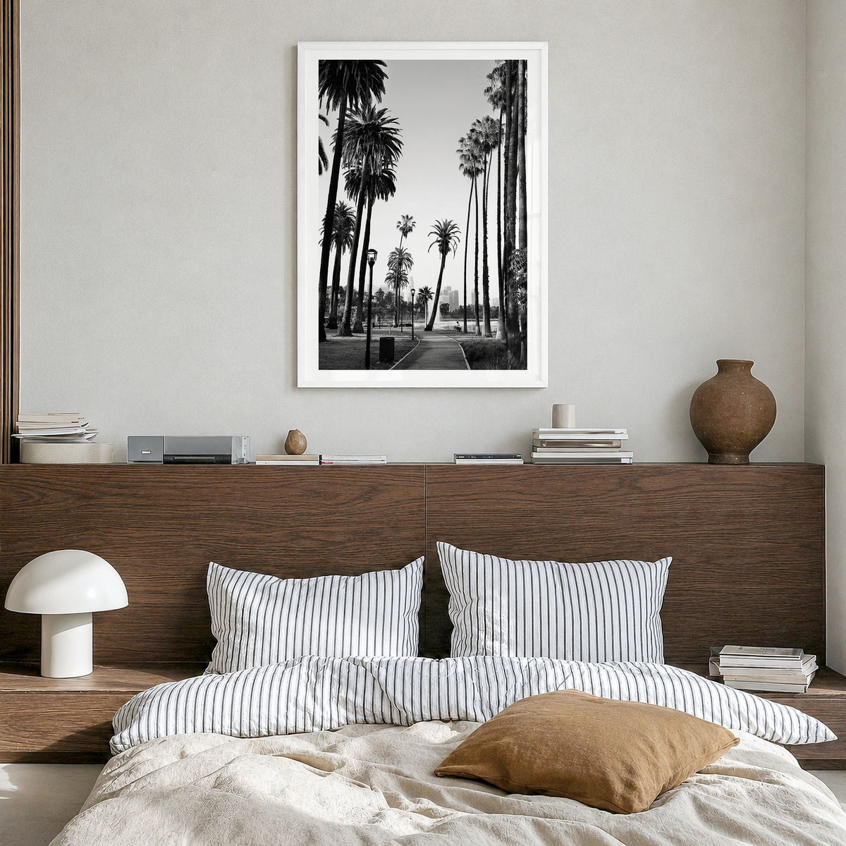 California Photo No 2 Poster in a white wood frame, hanging in a bedroom, white border