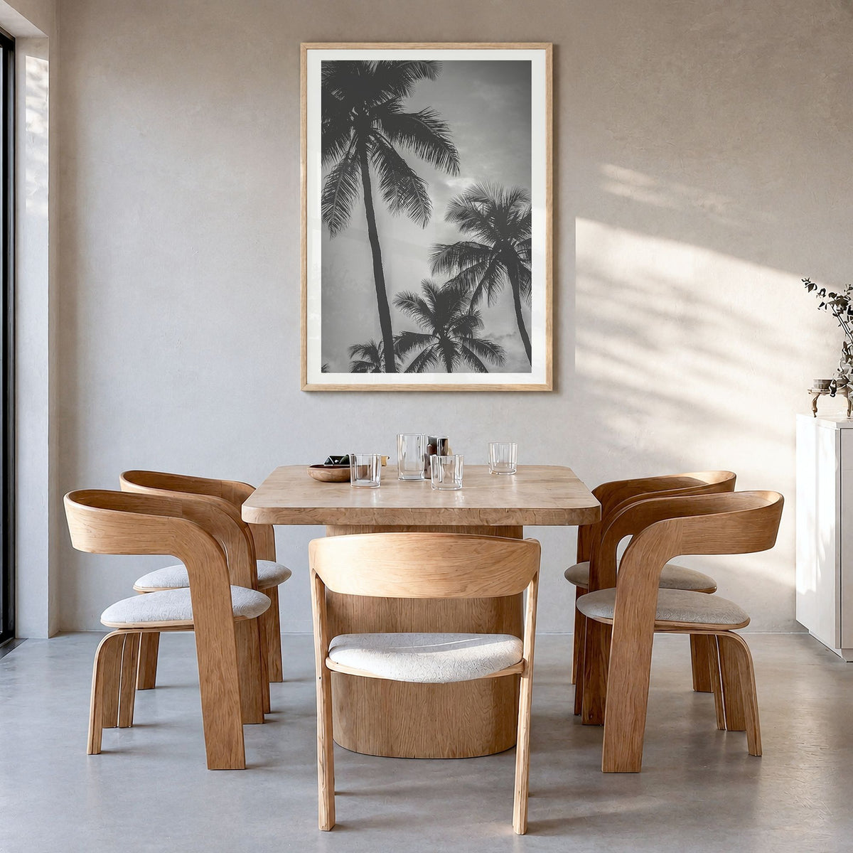 California Photo No 5 Poster in a natural wood frame, hanging in a dining room, white border
