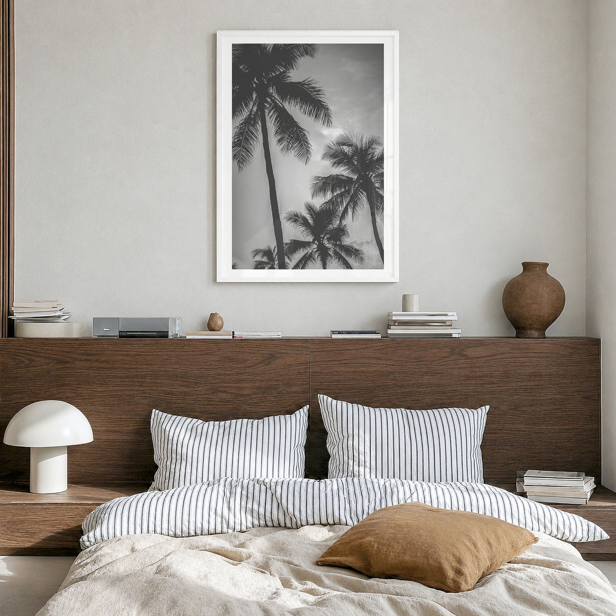 California Photo No 5 Poster in a white wood frame, hanging in a bedroom, white border