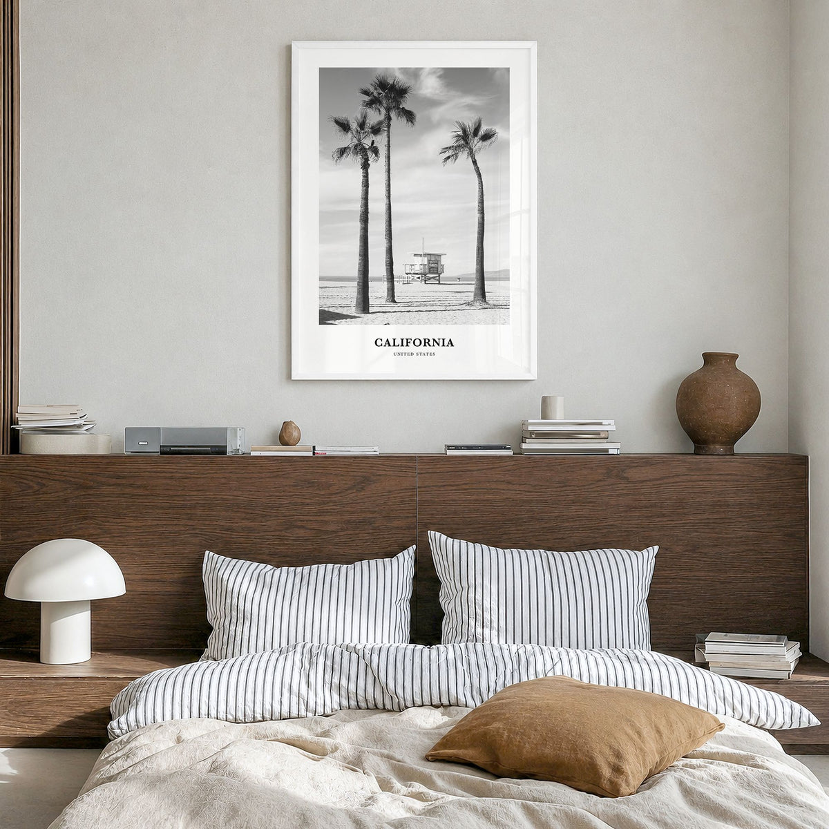California Classic No 2 Poster in a white wood frame, hanging in a bedroom