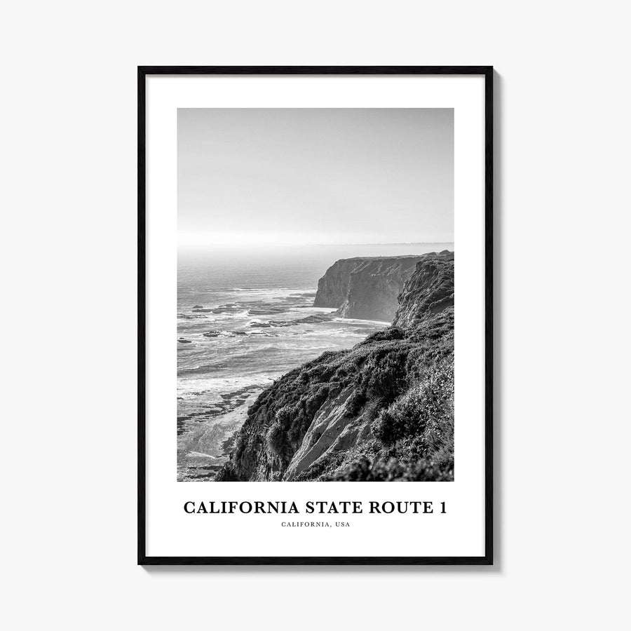 California State Route 1 black & white classic poster of California, USA – vertical wall art, unframed print shown in interio
