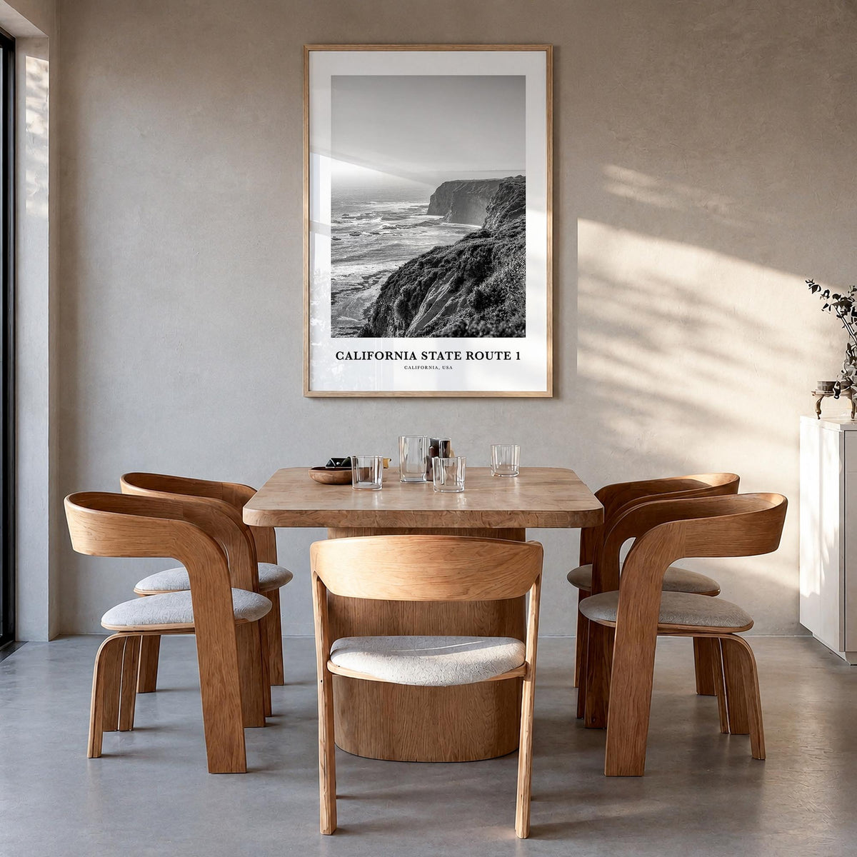 California State Route 1 black & white classic poster of California, USA – vertical wall art in natural wood frame, hanging o