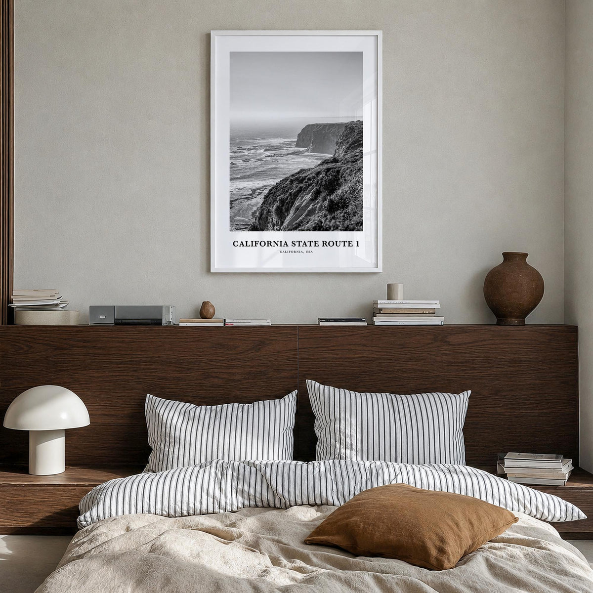California State Route 1 black & white classic poster of California, USA – vertical wall art in white wood frame, hanging on 